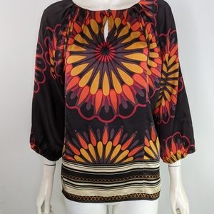 Silk Boho Floral Blouse Rich Bold Colors Peter Nygard 12 Petite
